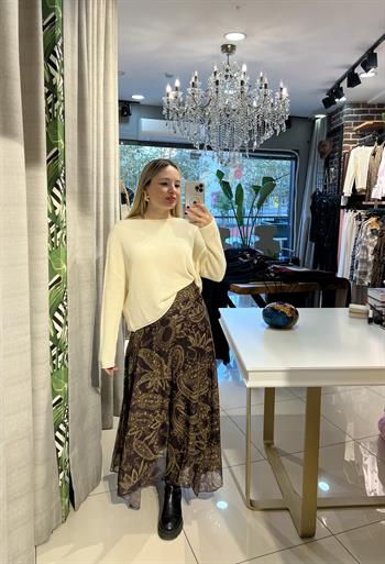 Şal Desenli Şifon Midi Etek