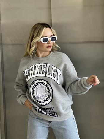Şardonlu Üç İplik Berkeley Baskılı Gri Sweatshırt 