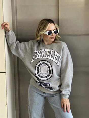Şardonlu Üç İplik Berkeley Baskılı Gri Sweatshırt 