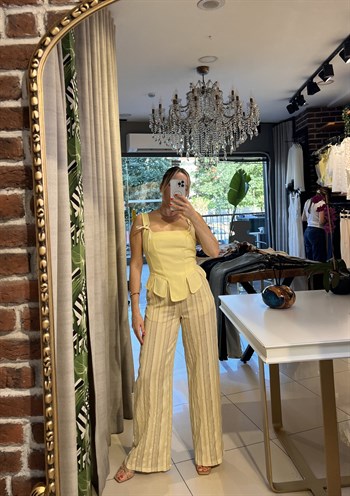 Sarı Çizgili İpek Keten Pantalon