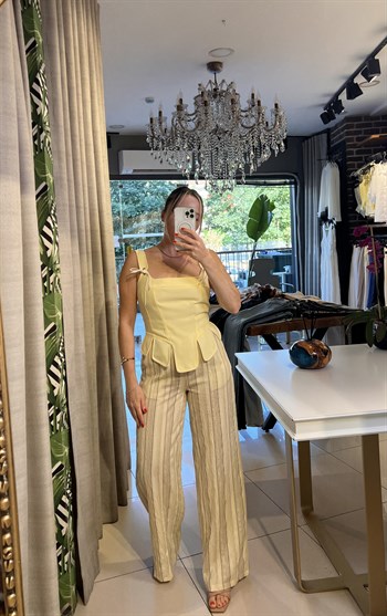 Sarı Çizgili İpek Keten Pantalon
