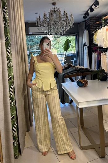 Sarı Çizgili İpek Keten Pantalon