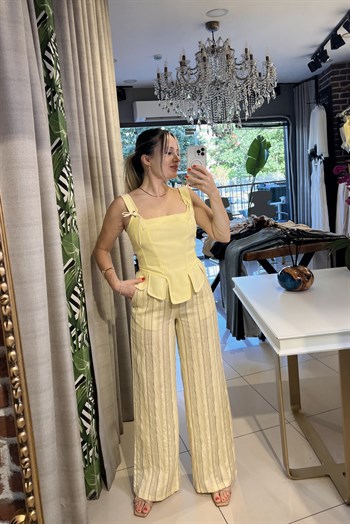 Sarı Çizgili İpek Keten Pantalon
