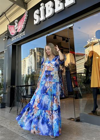 İpek Saten Mavi Çiçek Desenli Elbise 