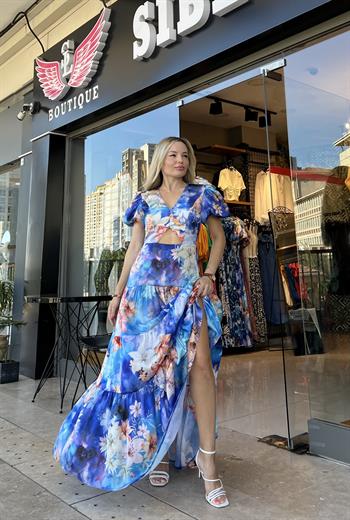 İpek Saten Mavi Çiçek Desenli Elbise 