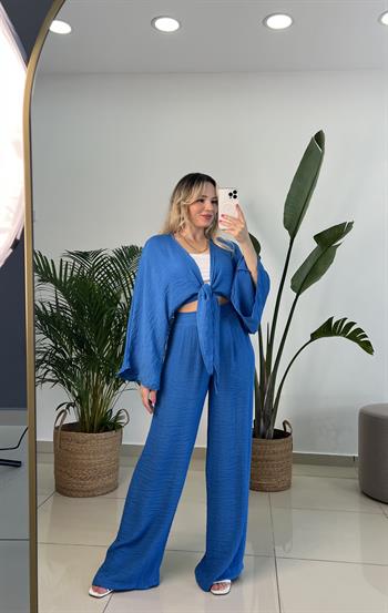 Sax Mavi Krinkıl Keten Takım