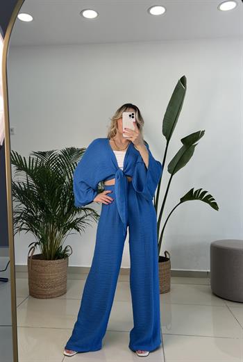 Sax Mavi Krinkıl Keten Takım