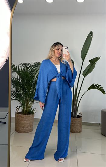 Sax Mavi Krinkıl Keten Takım