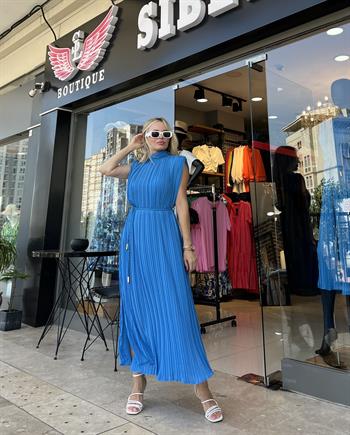 Mavi Şifon Pilise Elbise