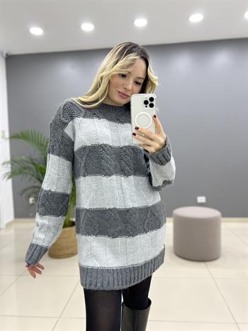 Sim Detaylı Gri Triko Kazak 