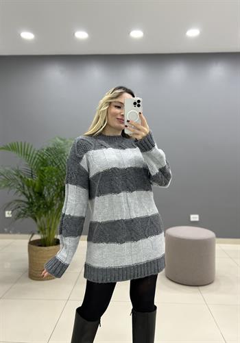 Sim Detaylı Gri Triko Kazak 