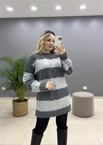 Sim Detaylı Gri Triko Kazak 