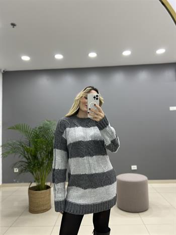 Sim Detaylı Gri Triko Kazak 