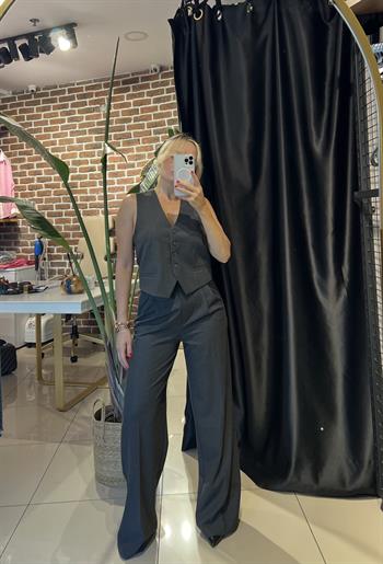 Sırt Detaylı Antrasit Yelek Pantolon Takım