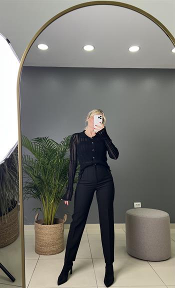 Siyah Filetolu Kumaş Pantolon 