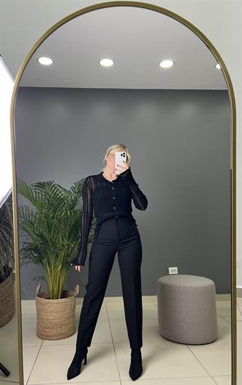 Siyah Filetolu Kumaş Pantolon 