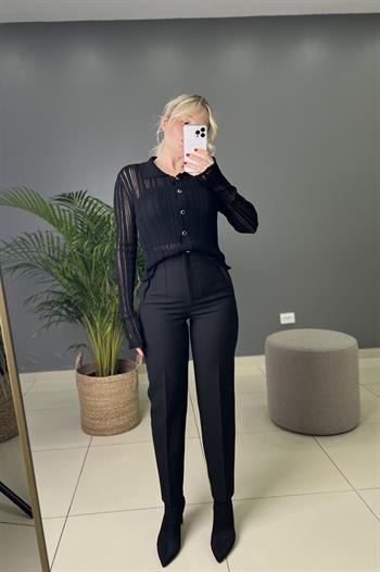 Siyah Filetolu Kumaş Pantolon 