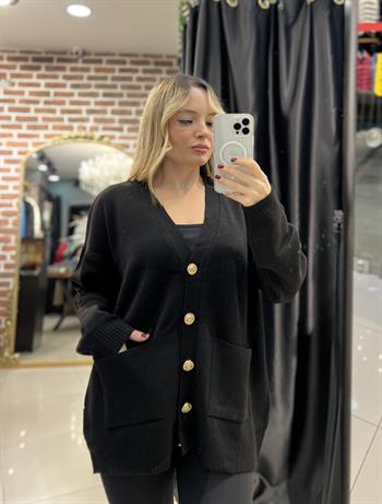 Siyah Gold Düğmeli Cepli Hırka