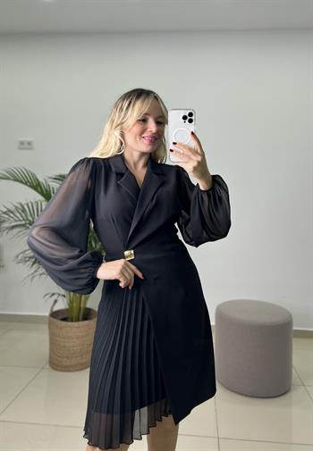 Siyah Gold Düğmeli Kruvaze Yaka Eteği Piliseli Tasarım Şifon Elbise 