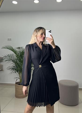 Siyah Gold Düğmeli Kruvaze Yaka Eteği Piliseli Tasarım Şifon Elbise 