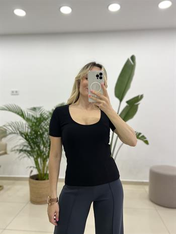 Siyah Havuz Yaka Likralı Pamuk Badi