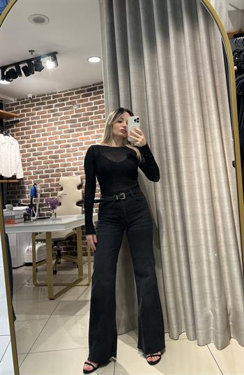 Siyah İspanyol Paça Push Uplı Jean Pantolon