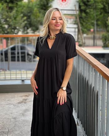 Siyah Krinkıl İpek Keten Elbise