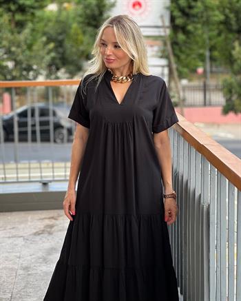 Siyah Krinkıl İpek Keten Elbise