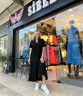 Siyah Krinkıl İpek Keten Elbise