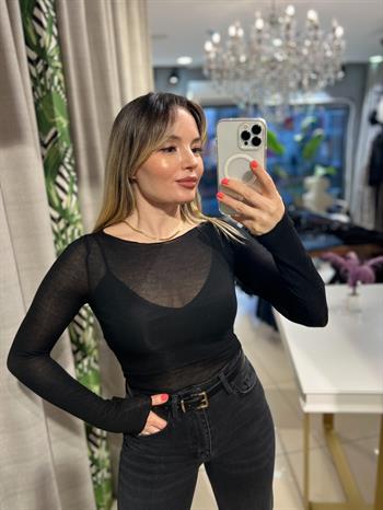 Siyah Modal Kumaş Uzun Kollu Bluz