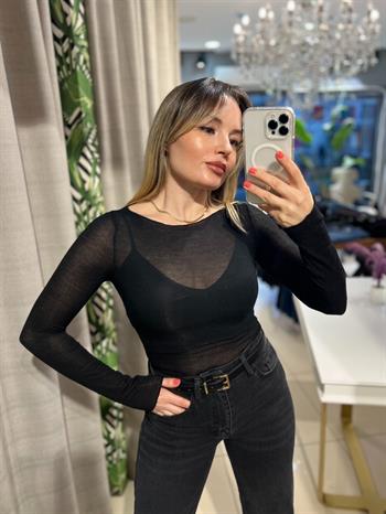 Siyah Modal Kumaş Uzun Kollu Bluz