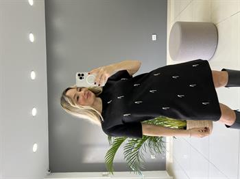 Siyah Nubuk Kumaş Taşlı Elbise 