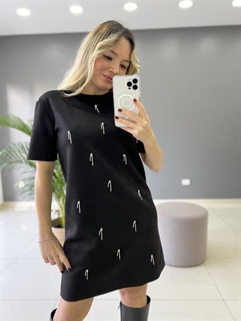 Siyah Nubuk Kumaş Taşlı Elbise 