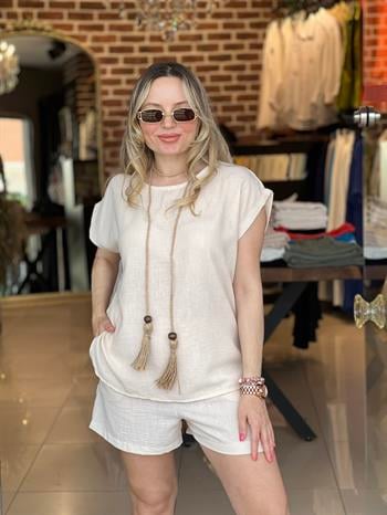 Şortlu Keten Bej Takım