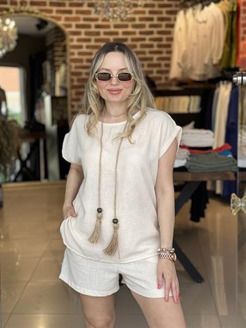 Şortlu Keten Bej Takım