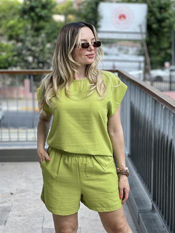 Şortlu Olive Yeşili Keten Takım