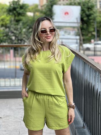 Şortlu Olive Yeşili Keten Takım