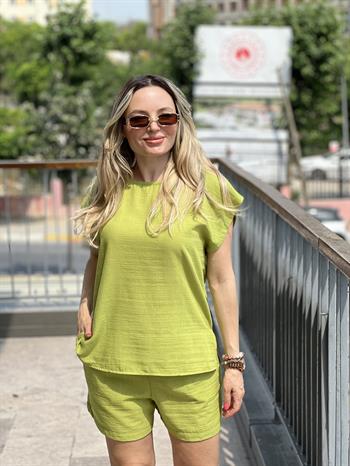 Şortlu Olive Yeşili Keten Takım