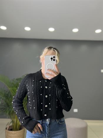 Taş Aksesuarlı Siyah Crop Triko Hırka