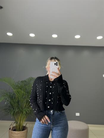 Taş Aksesuarlı Siyah Crop Triko Hırka