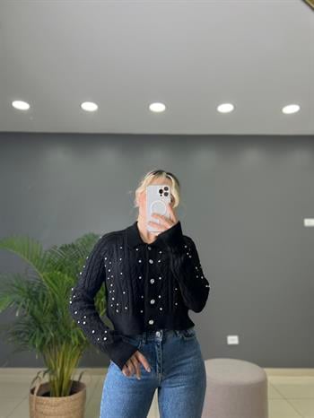 Taş Aksesuarlı Siyah Crop Triko Hırka