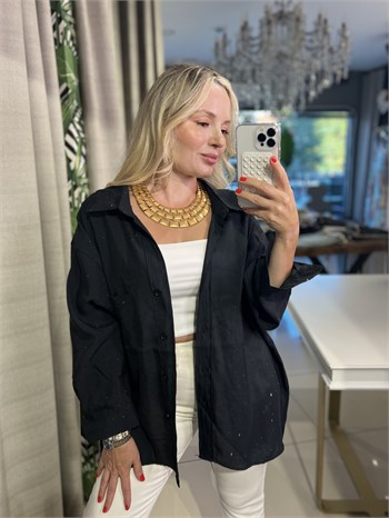 Taş Detaylı Siyah Oversize Gömlek