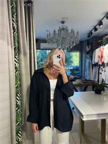 Taş Detaylı Siyah Oversize Gömlek