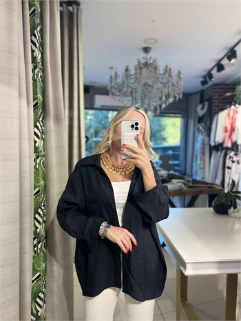 Taş Detaylı Siyah Oversize Gömlek