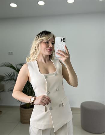 Taş Düğmeli Yelekli Taş Rengi Takım