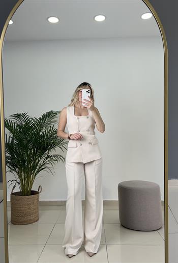 Taş Düğmeli Yelekli Taş Rengi Takım