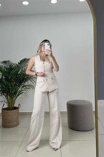 Taş Düğmeli Yelekli Taş Rengi Takım