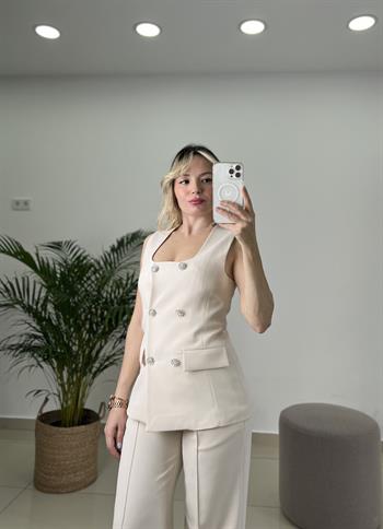 Taş Düğmeli Yelekli Taş Rengi Takım