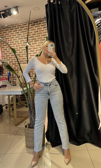 Taş İşleme Detaylı Buz Mavi Jean Pantolon