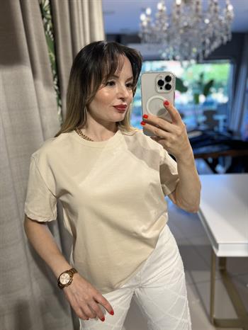 Taş Rengi Bisiklet Yaka Cotton Pamuk Tişört